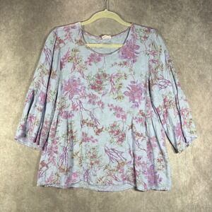 CMC Color Me Cotton Top M Blue Pink Floral Gauze Peplum Bell Sleeve Boho USA